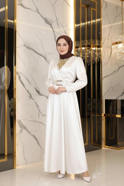 Satin Stone-Detailed Modest Evening Dress - White