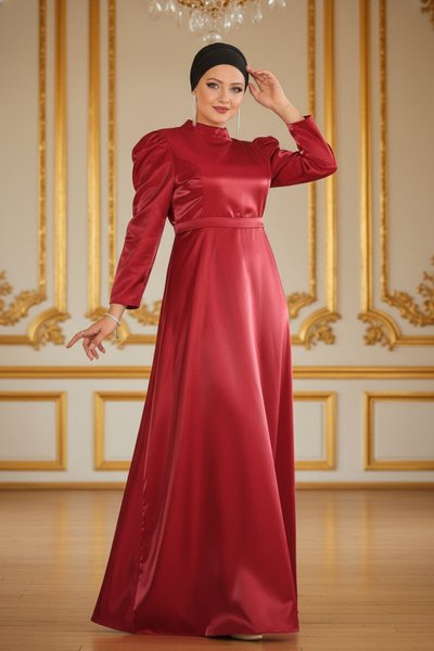 Plus Size Shoulder-Ruffled Modest Evening Dress - Burgundy