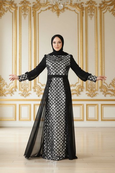 Sequin Chiffon Modest Evening Dress - Silver