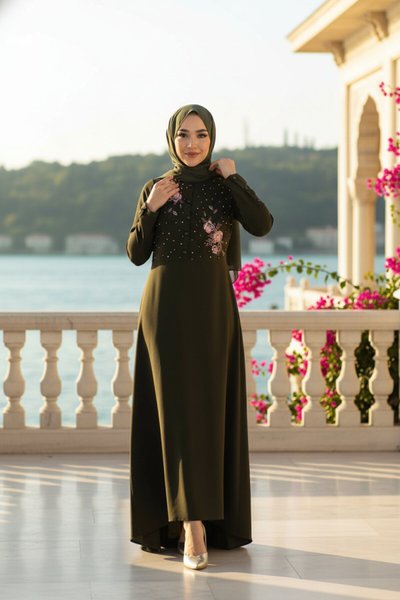 Embroidered Lace Modest Evening Dress - Khaki