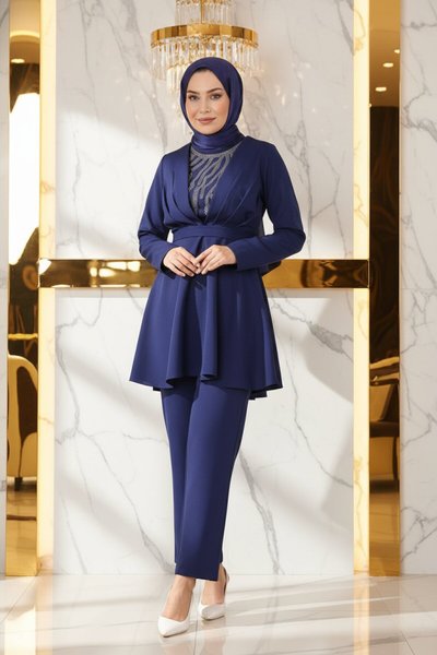Belted Stone-Detailed Modest Suit - Indigo