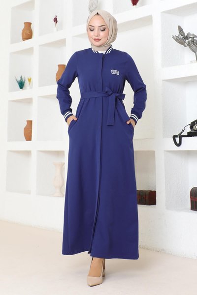Ribbed Hidden-Button Abaya - Indigo