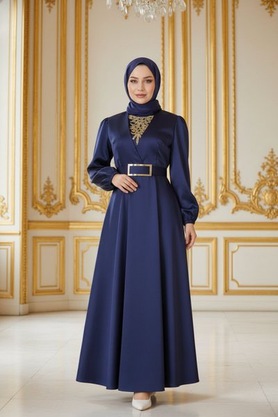 Satin Stone-Detail Modest Evening Dress - Indigo