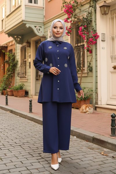 Stone-Detail Modest Set - Indigo