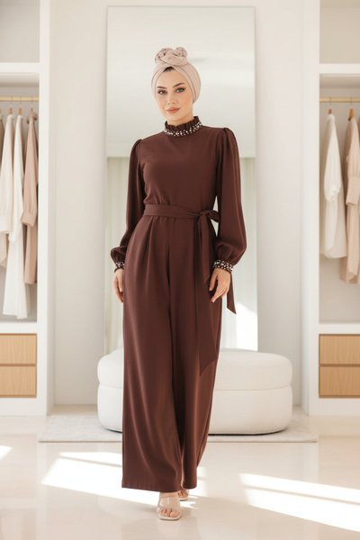 Pearl-Detailed Jumpsuit Modest Dress - Brown
