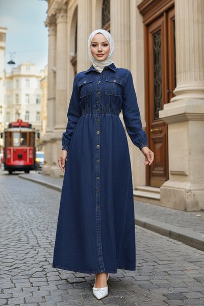 Elasticated Waist Denim Abaya - Dark Blue