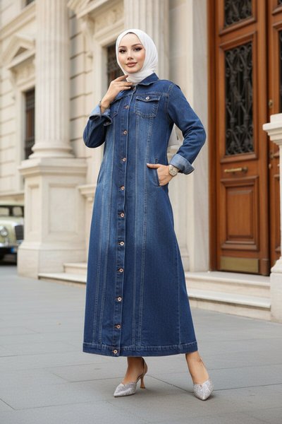 Button Detailed Denim Ferace - Dark Blue