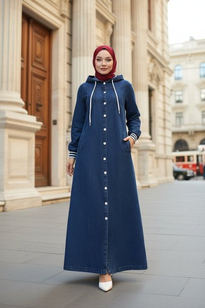 Hooded Ribbed Denim Ferace - Dark Blue