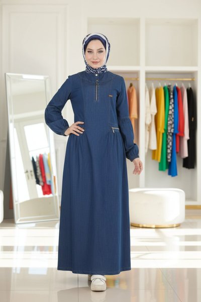 Dark Blue Denim Zipper-Detail Modest Dress - Dark Blue