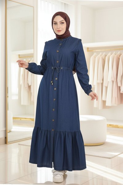 Long Waist-Laced Denim Modest Dress - Dark Blue