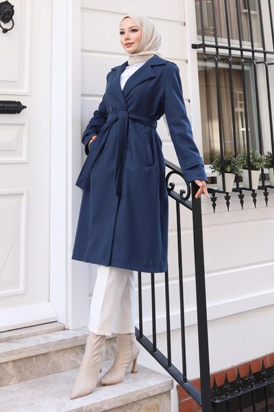 Belted Cachet Winter Coat - Navy Blue