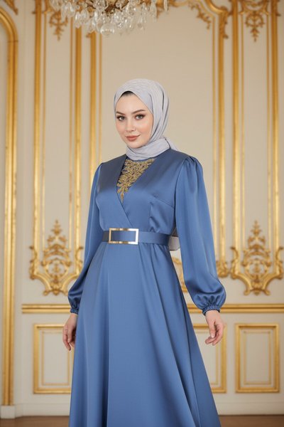 Satin Stone-Detailed Modest Evening Dress - Blue