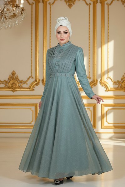 Glittery Draped Chiffon Stone-Detailed Modest Evening Dress - Mint