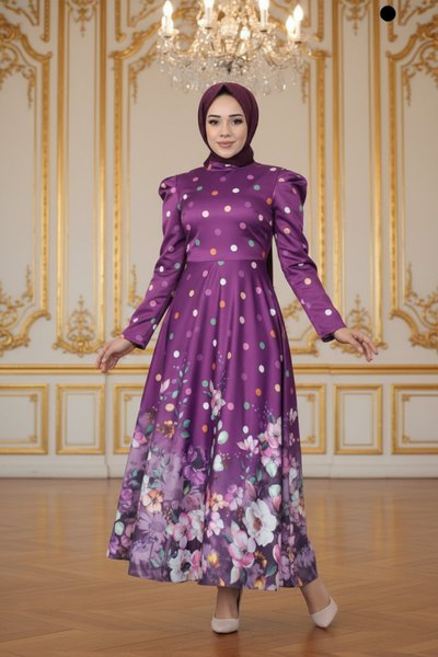 Satin Floral Polka Dot Modest Evening Dress - Damson