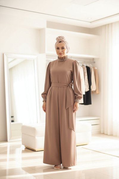 Pearl-Detail Jumpsuit Modest Dress - Mink