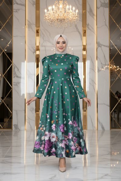 Floral Polka Dot Satin Modest Evening Dress - Emerald