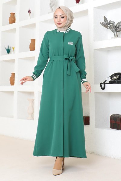 Ribbed Hidden Button Abaya - Emerald