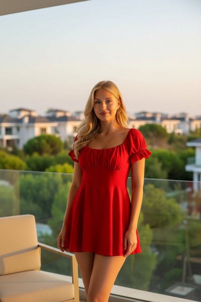 Slim-Fit Ruffle-Detail Dress - Red
