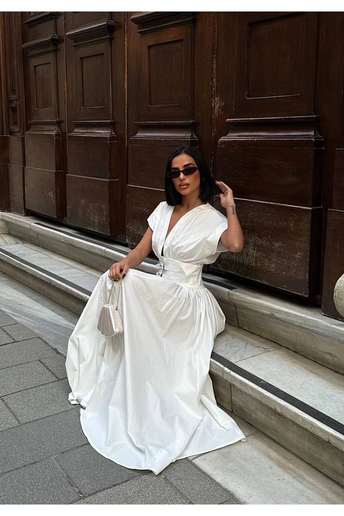 Long V-Neck Belted Dress - White - VİSKALİ