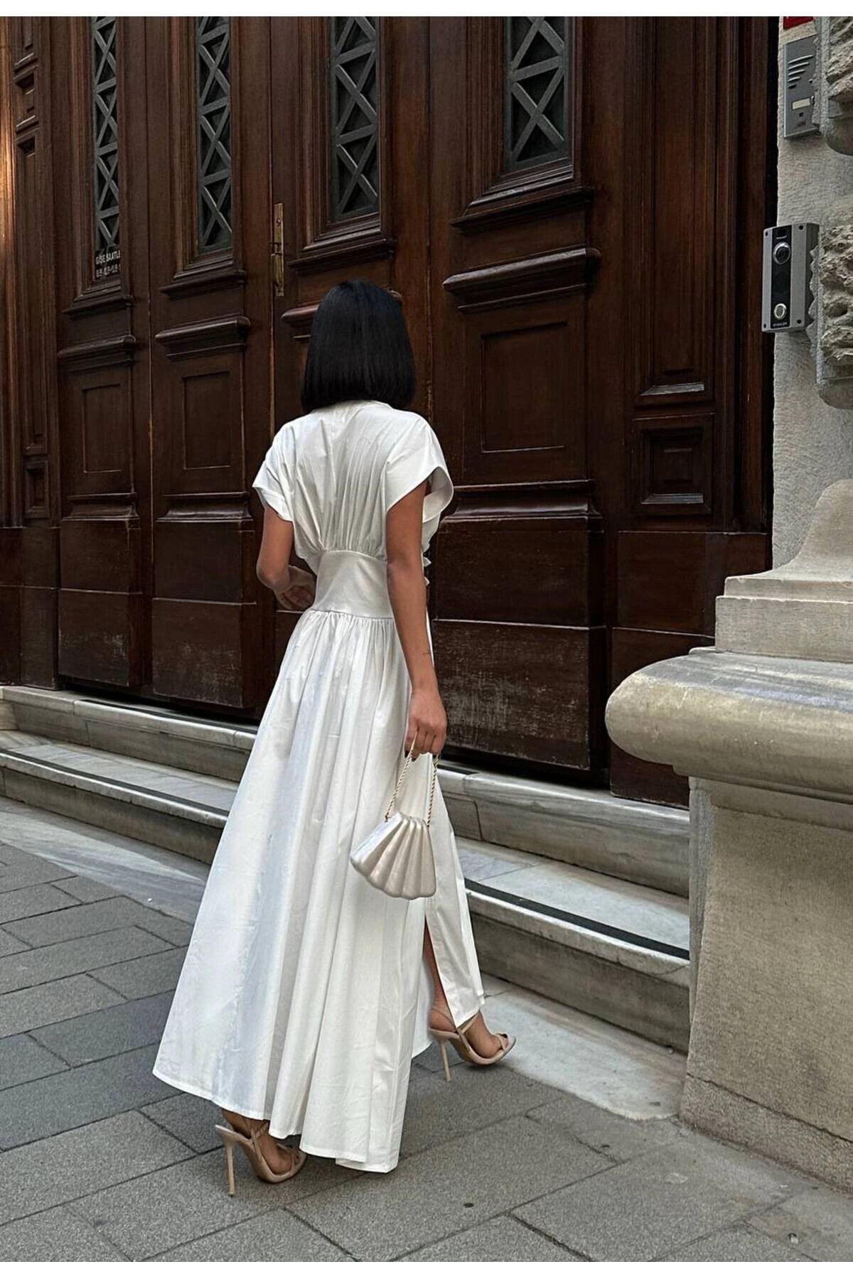 Long V-Neck Belted Dress - White - VİSKALİ