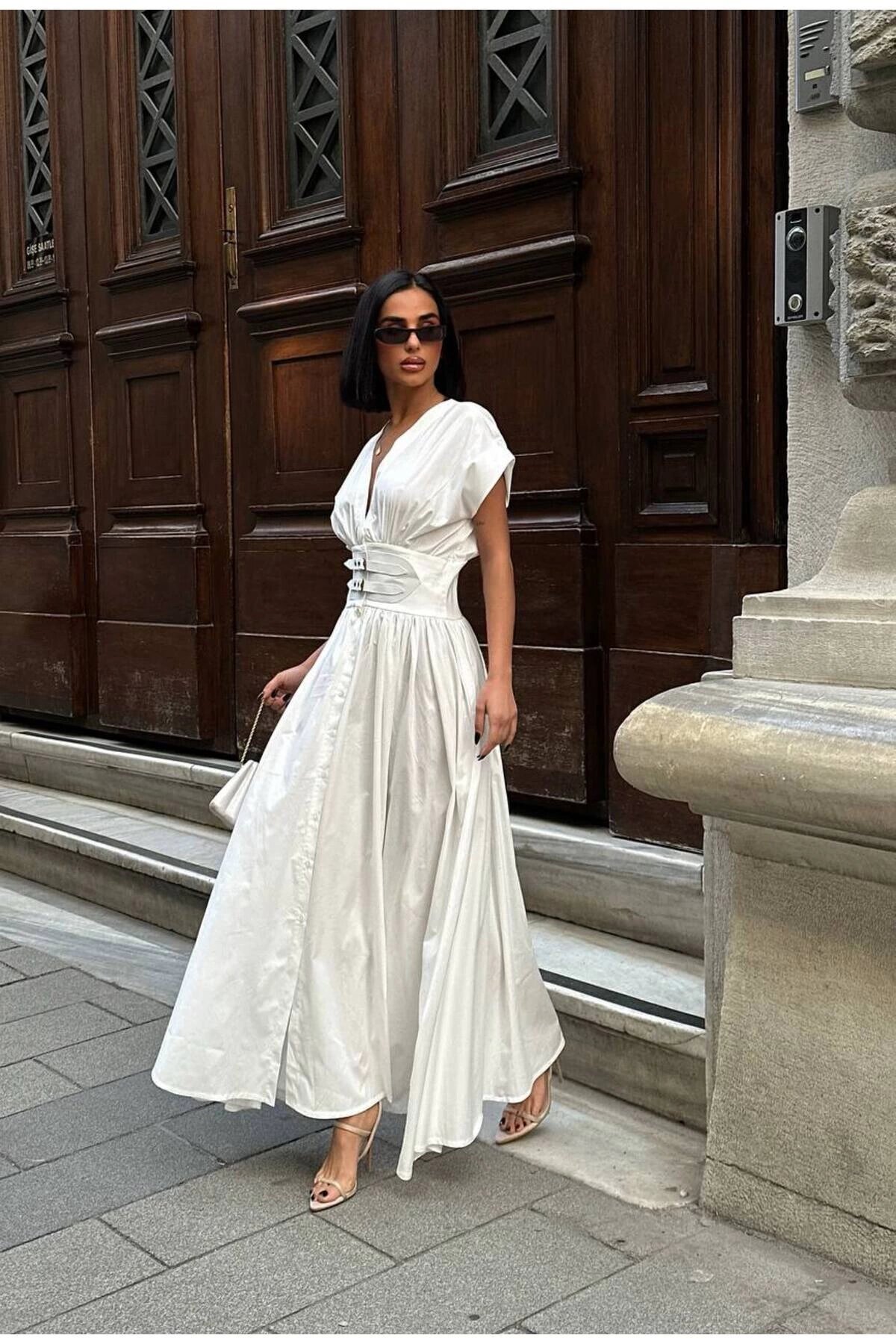 Long V-Neck Belted Dress - White - VİSKALİ