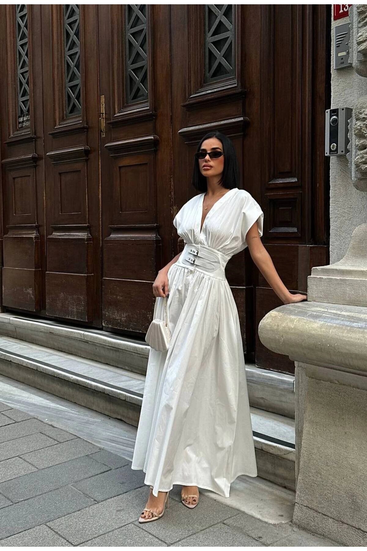 Long V-Neck Belted Dress - White - VİSKALİ
