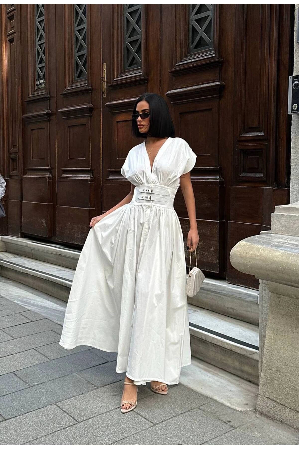 Long V-Neck Belted Dress - White - VİSKALİ
