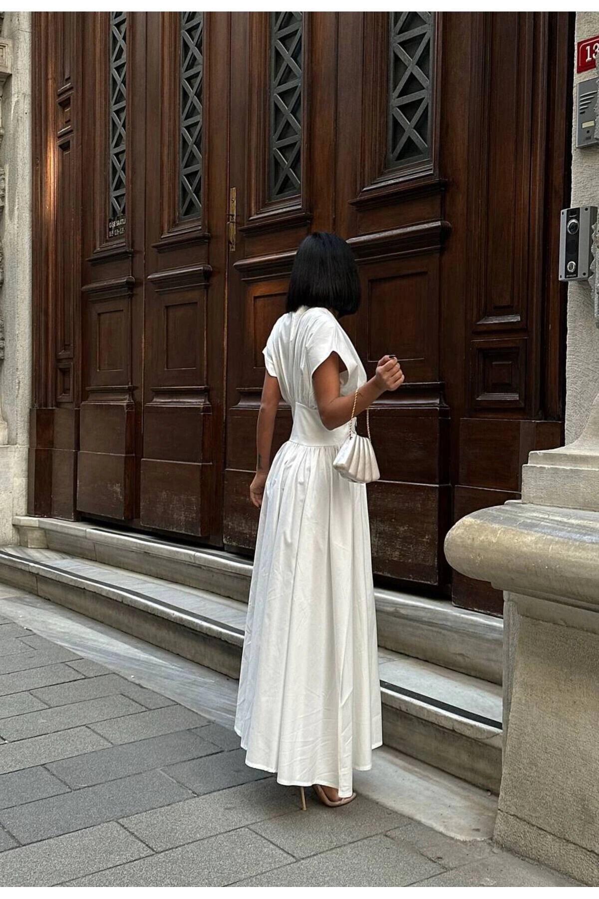 Long V-Neck Belted Dress - White - VİSKALİ