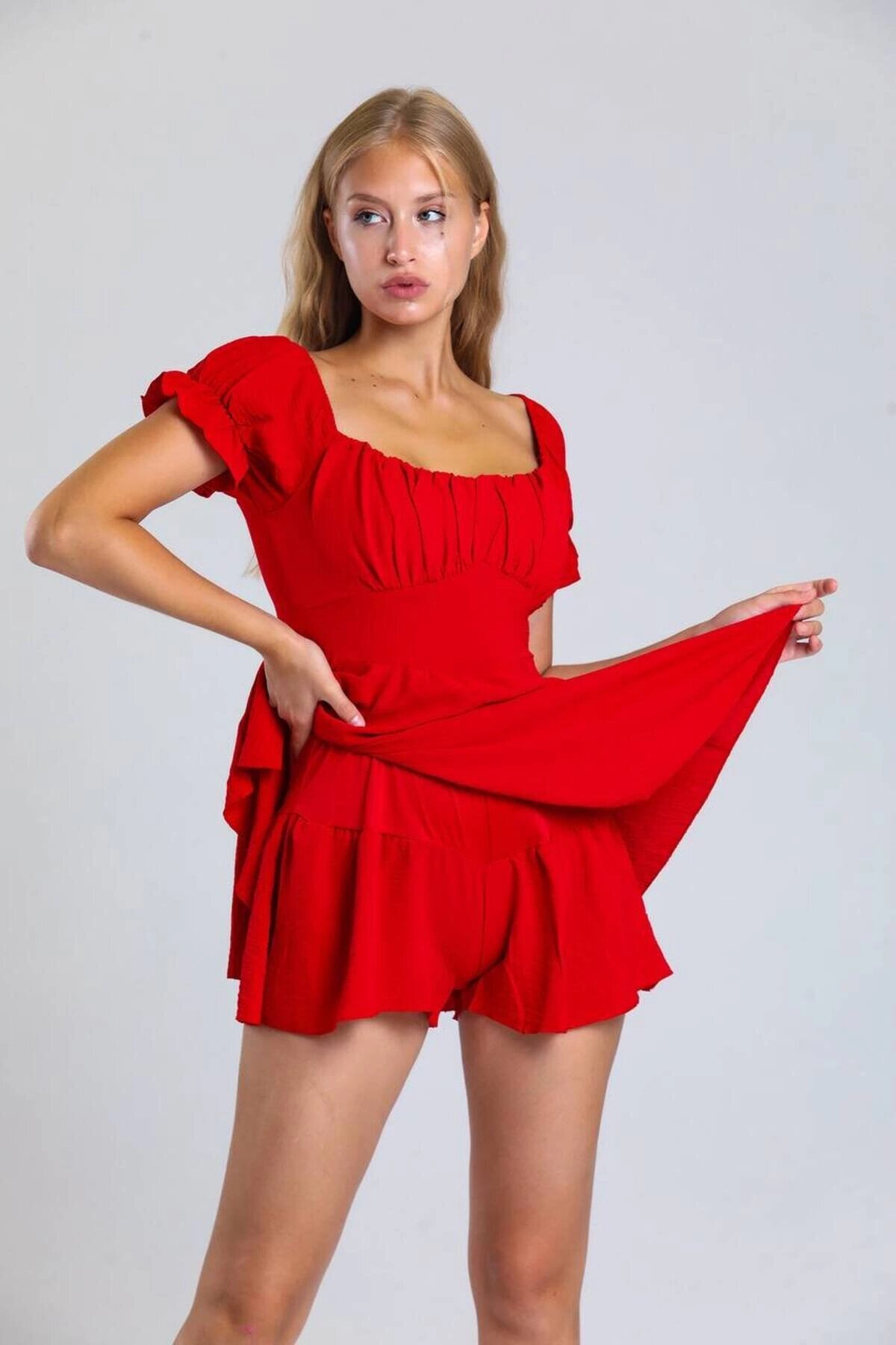 Slim-Fit Ruffle-Detail Dress - Red - VİSKALİ