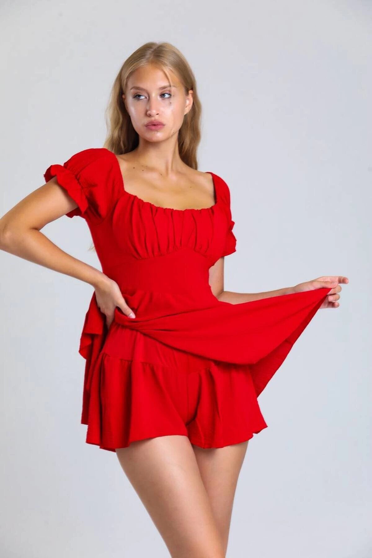 Slim-Fit Ruffle-Detail Dress - Red - VİSKALİ