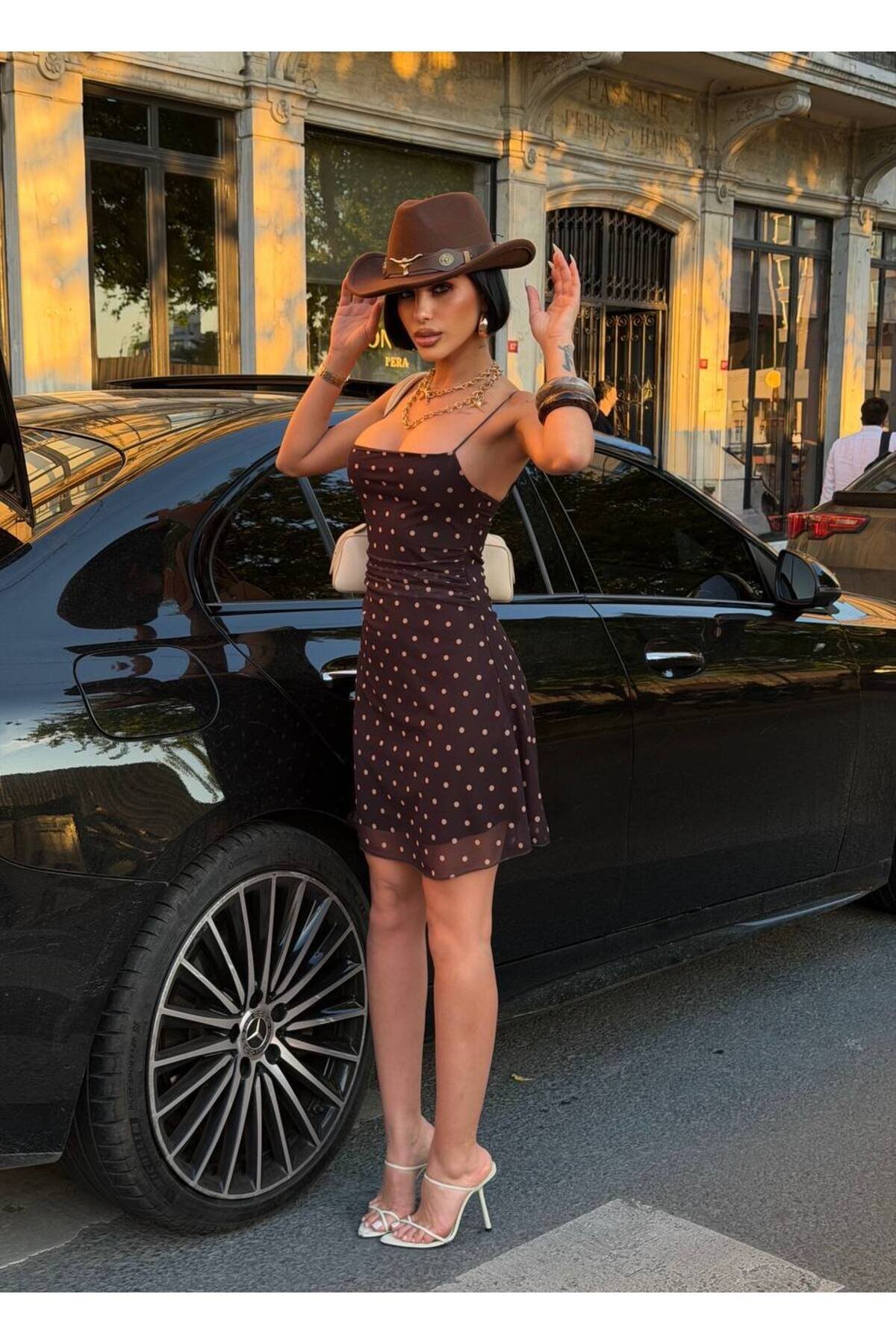 Short Polka-Dot Chiffon Lined Strappy Dress - Brown Black - VİSKALİ