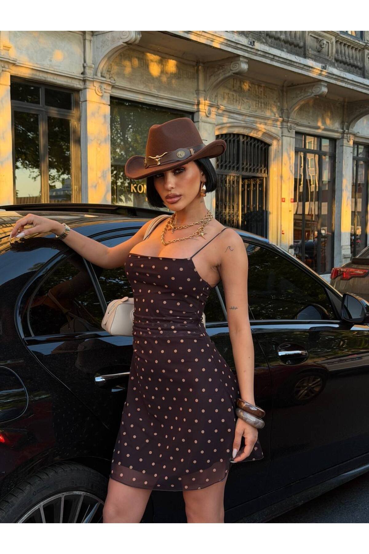 Short Polka-Dot Chiffon Lined Strappy Dress - Brown Black - VİSKALİ