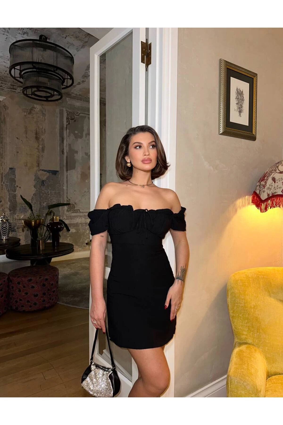 Ruched Mini Dress - Black - VİSKALİ